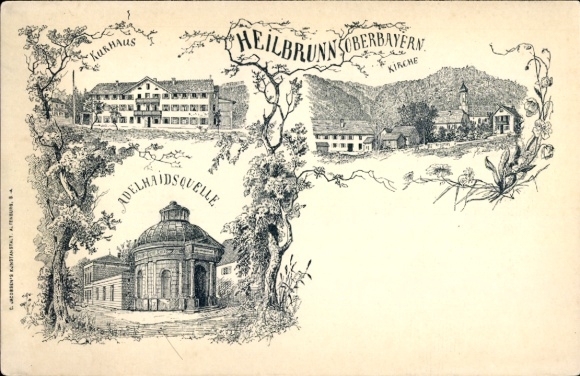 Chromo-Litho Bad Heilbrunn in Upper Bavaria, spa house, church, Adelhaidsquelle