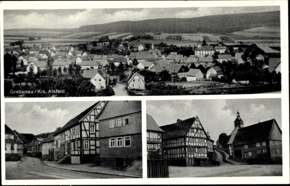 Postcard Grebenau in Hessen, general view, street section, half-timbered house
