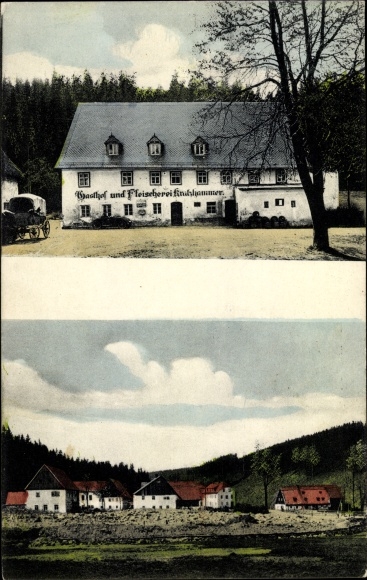 Ak Kratzhammer Altenberg im Erzgebirge, Gasthof und Fleischerei Kratzhammer, Blick auf den Ort