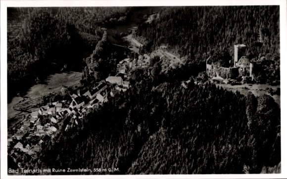 Postcard Bad Teinach Zavelstein in the Black Forest, aerial photograph, Zavelstein ruins