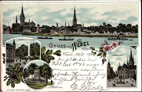 Chromo-Litho Wesel on the Lower Rhine, Kaiserplatz, Kaiserhof, monument, large market
