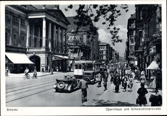 Postcard Wrocław Breslau Silesia, Opera House and Schweidnitzer Straße, Tram