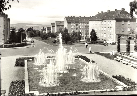 Postcard Reichenbach im Vogtland, view from the water tower to Leninstrasse, fountain