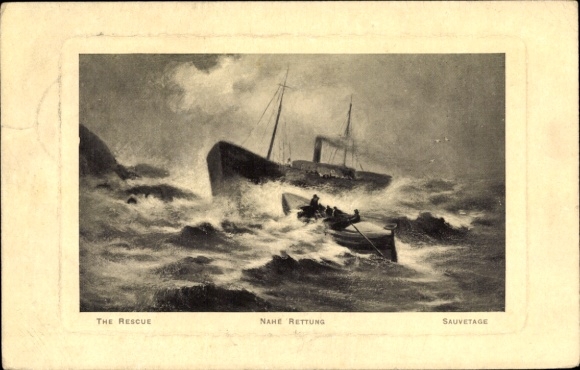 Embossed Passepartout Postcard Lifeboat, Steamer