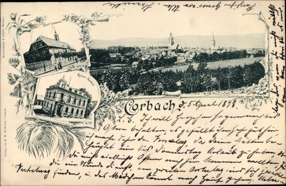 Postcard Corbach Korbach in Hesse, panorama, post office, high school