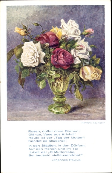 Artist Postcard Faulhaber, Hermine, flower vase with roses, poem by John Paul