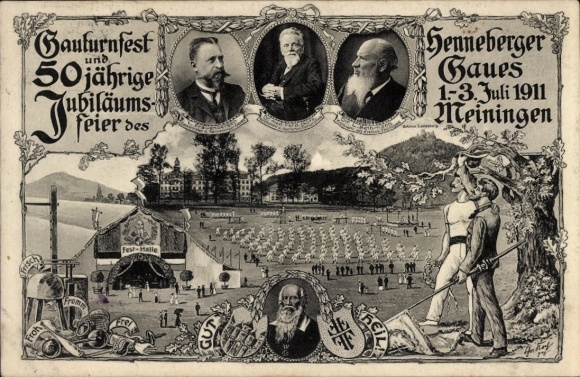 Postcard Meiningen in Thuringia, Gauturnfest and 50th anniversary celebration in 1911