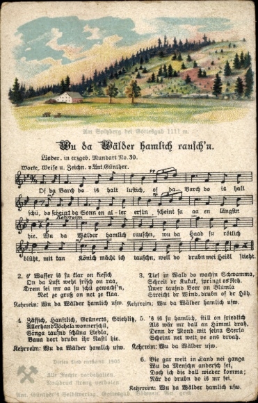 Song Postcard Günther, Anton, Wu da forests hamlich rausch'n, Erzgebirge dialect No. 30, Spitzberg