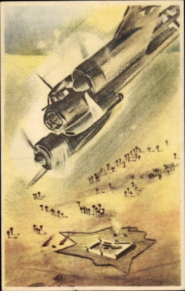 Künstler Ak Deutsche Luftwaffe, Sturzkampfbomber Junkers Ju 88 A-4, Angriff auf Fort in Libyen