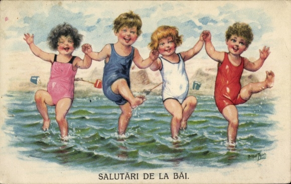 Artist Postcard Thiele, Arthur, Children in swimsuits, beach