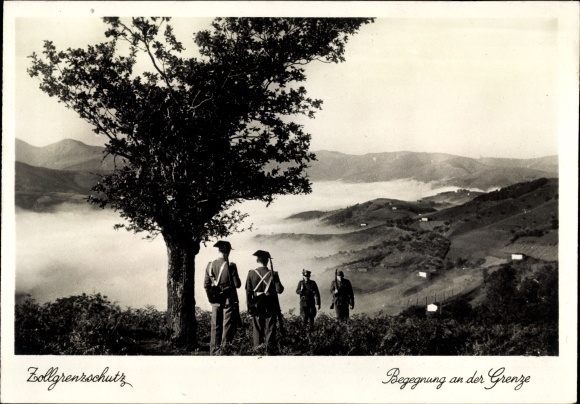 Postcard customs border protection, meeting at the border, border guards, Spanish gendarmerie