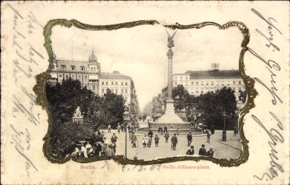 Wytłoczony passepartout Gold KP Berlin, Belle Alliance Platz, Kolumna Zwycięstwa, widok ogólny, przechodnie