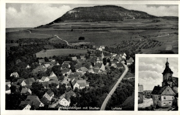 Postcard Wissgoldingen Wißgoldingen Waldstetten Ostalbkreis Württemberg, aerial photo of Stuifen in the background