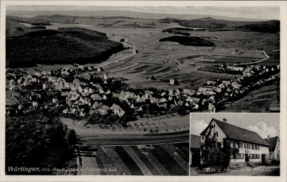 Postcard Würtingen St. Johann Swabian Alb Württemberg, aerial photograph, Gasth. z. Hirsch