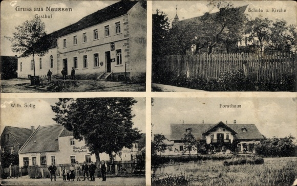 KP Neußen Neussen Belgern Schildau w Saksonii, zajazd, szkoła, kościół, leśniczówka