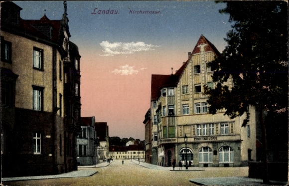 Postcard Landau in der Pfalz, Kirchstraße, Cenditore Café, street view
