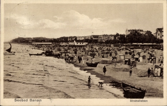 Postcard Ostseebad Bansin on Usedom, seaside resort beach, numerous bathers, boats
