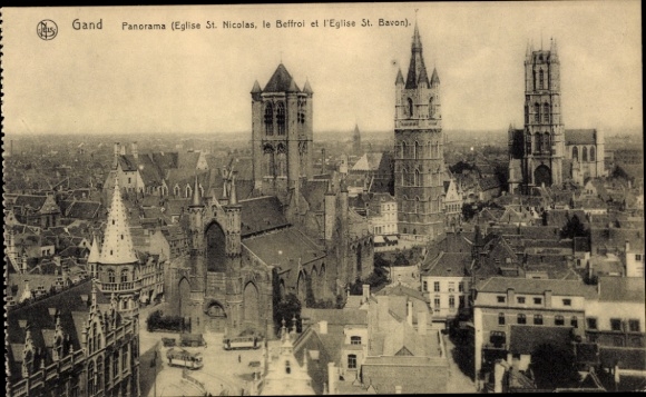PC Gand Gent East Flanders, panorama of Eglise St. Nicolas, Beffroi, Eglise St. Bavon