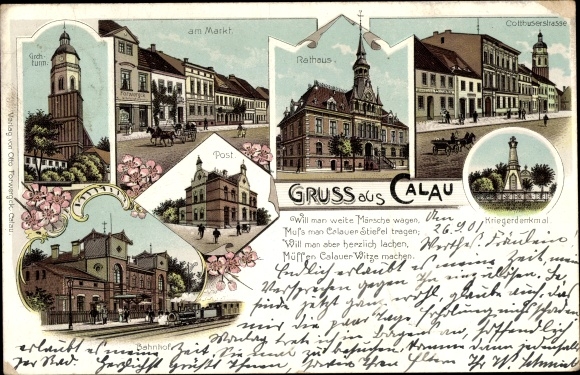 litho Calau in Neder-Lausitz, treinstation, spoorzijde, kerk, postkantoor, gemeentehuis, oorlogsmonument