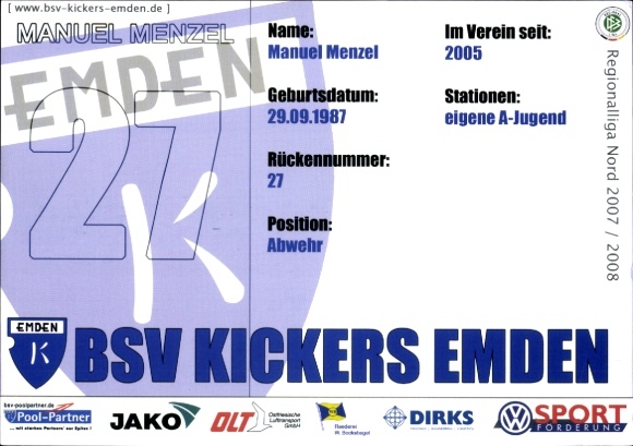 Karta z autografem piłkarza Manuela Menzela, BSV Kickers Emden, autograf