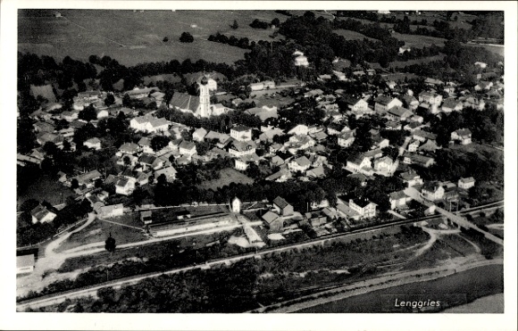 Postcard Lenggries in Upper Bavaria, aerial view of church visible, rural surroundings