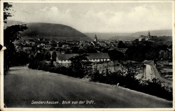 Postcard Sondershausen in the Kyffhäuserkreis Thuringia, view from the Trift, landscape, church, street