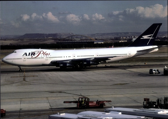 Postcard Spanish passenger plane, Air Plus Comet, Boeing B747 200, EC IPN