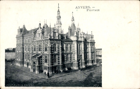 Postkaart Anvers Antwerpen Vlaanderen, met de letters ANVERS, PILOTAGE, architectuur, zwart-wit