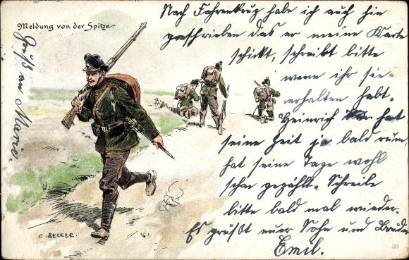 Kunstenaar Ak Becker, C., Bericht van de top, Duitse soldaten, 1914