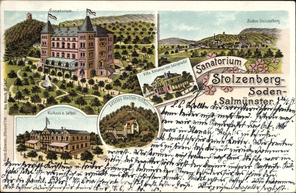 Litho Bad Soden Salmünster in het Kinzigtal Hessen, Sanatorium Stolzenberg, Villa Vitriarius, Salzsprudel