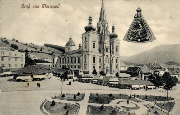 Ak Mariazell Steiermark,  mit Kirche, Menschen, Landschaft, Gruß aus Mariazell