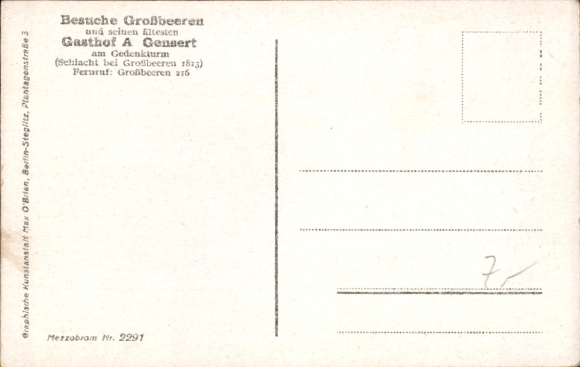 Postcard Großbeeren Brandenburg, Gasthof A. Gensert, Memorial Tower