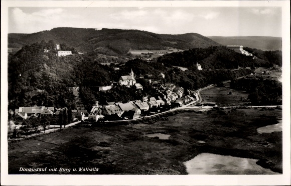 PC Donaustauf in the Upper Palatinate, landscape with castle and Walhalla, river view, black and white