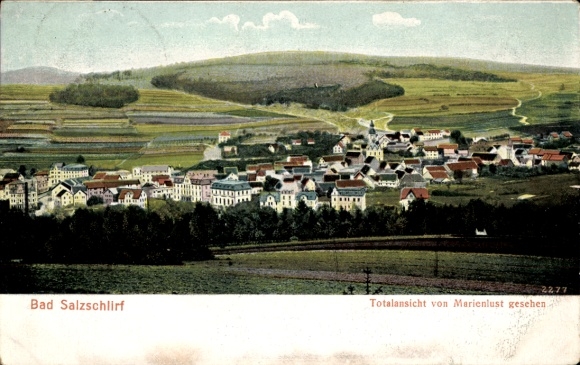 Postcard Bad Salzschlirf in Hesse, total view of Marienlust, hilly landscape, houses, trees