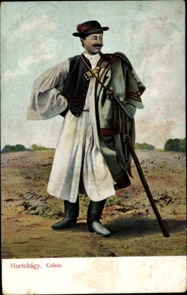 Ak Hortobágy Ungarn, Csikos, Hirte in Tracht