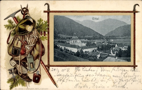Präge Passepartout Ak Ettal Oberbayern, Benediktiner Abtei, Wanderausrüstung