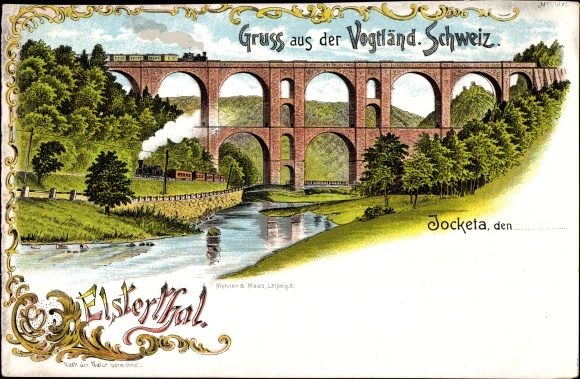 Litho Jocketa Pöhl Vogtland, Elstertal, Viadukt, Flusspartie