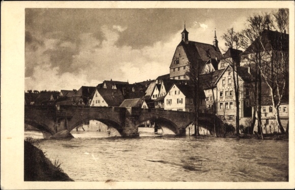 Postcard Besigheim in the district of Ludwigsburg, bridge section on the Enz with partial view of the city