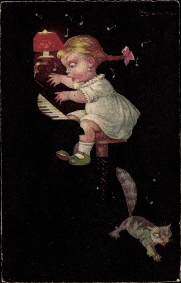 Artist PC Colombo, E., child plays the piano, cat runs past