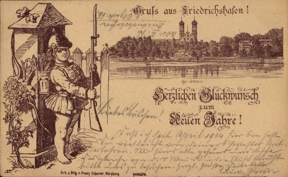 litho Friedrichshafen aan het Bodenmeer, algemeen uitzicht, Gelukkig Nieuwjaar, jongen als soldaat, bankbiljetten
