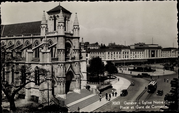 Postcard Genève Genf Schweiz, Notre Dame Church, Cornavin Square and Station
