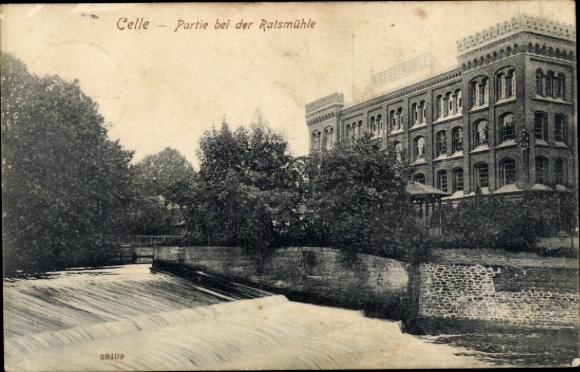 Postcard Celle in Lower Saxony, historical building, town mill, waterfall, natural landscape