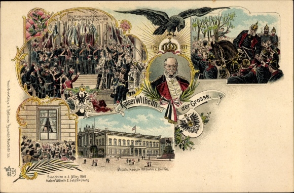 Litho Kaiser Wilhelm I., Proklamation in Versailles am 18. Januar 1871, Kaiserpalais