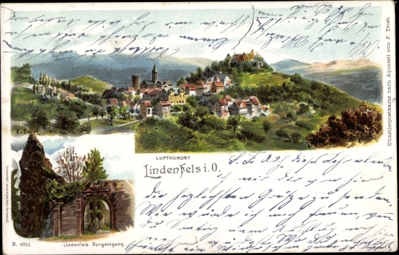 Chromo-Litho Lindenfels in the Odenwald, castle entrance, view of the town