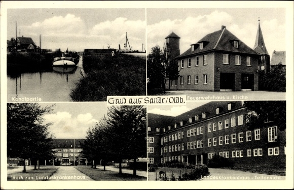 Postcard Sande in Friesland, canal section, fire station and church, state hospital