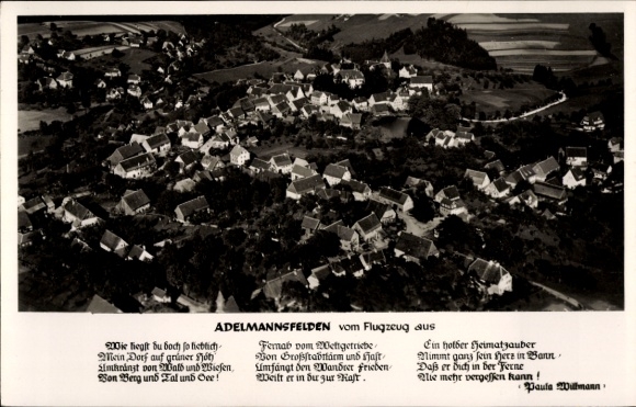 PC Adelmannsfelden in Württemberg, aerial photograph, poem