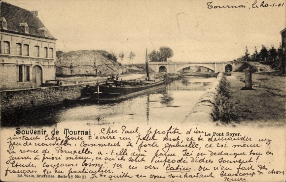 PC Tournai Wallonia Hainaut, river with boats, bridge, from text in French
