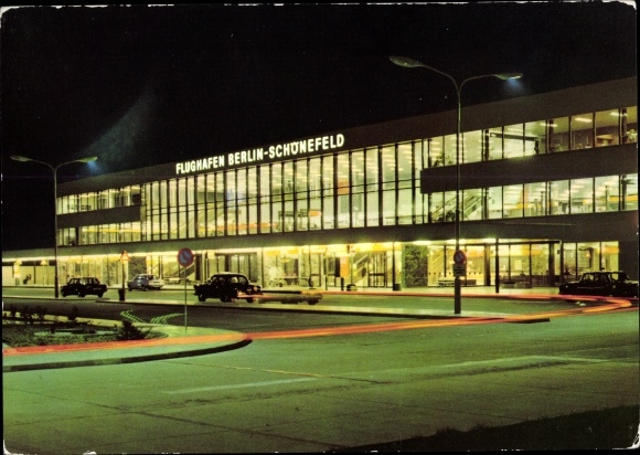 Postcard Berlin Schönefeld Airport, parking lot, arrival hall, building, night lighting