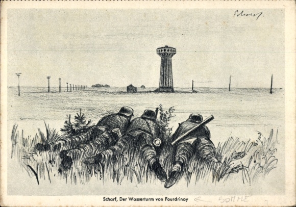 Artist Postcard Scharf, Fourdrinoy Somme, water tower, Wehrmacht soldiers, soldiers calendar 1941, II WW