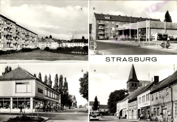 Postcard Strasburg in the Uckermark, Friedensstraße, market, Konsum, contact department store
